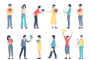 Fototapeta premium Adults with flowers bouquets. Men women holding floral gifts, present for mother or wife, girlfriend. International womens day, florists recent vector characters