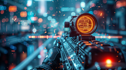 An immersive digital gaming experience in a neon lit cyberpunk city with high tech weapons