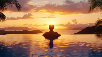 A serene silhouette enjoying the quiet embrace of a tropical sunset, the vibrant sky mirrored in the gentle ripples of the infinity pool. sunset silhouette luxury, tropical escape,
