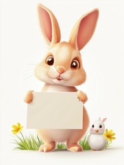 Obraz premium Easter bunny. Modern egg, bunnies for kids standing with placard. Rabbit or hare, spring festive animal with flower and chick. Cartoon holiday decent vector character