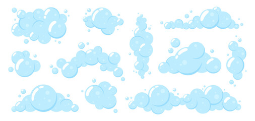 Soap foam cartoon elements. Blue bubbles for bathroom, laundry, cleaning service. Shampoo, liquid soap, gel, soda powder effect, racy vector clipart