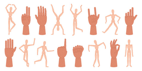 Wooden hand mannequin and man figure. Art supplies, articulated figures in different poses for modeling, drawing, creations. Artistic tools racy vector set