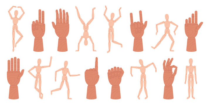Wooden hand mannequin and man figure. Art supplies, articulated figures in different poses for modeling, drawing, creations. Artistic tools racy vector set