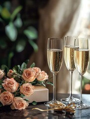 valentines day and romantic concept - gift box, champagne glasses and flowers on table