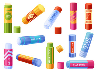 Glue sticks in plastic tubes. Cartoon school office stationery. Glue for paper carton, children craft workshop tools. Sticky accessories nowaday vector set