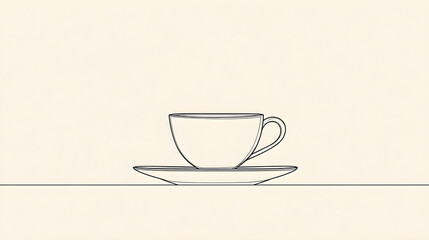 Elegant Minimalist Illustration of Thin-Lined Coffee Cup and Saucer Evoking Calm Simplicity and Sophisticated Design