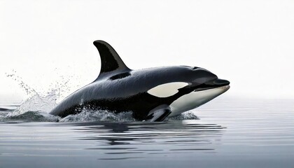 Fototapeta premium Orcas swimming gracefully in calm waters, white isolate background. 