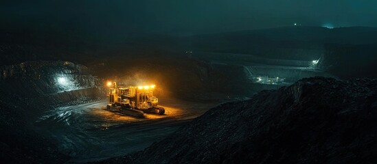 Mining excavator working at night in a quarry.