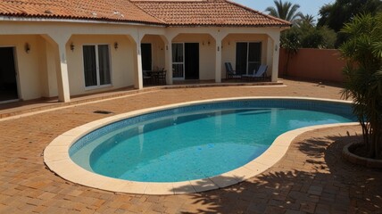 Luxury villa with kidney-shaped pool and patio.