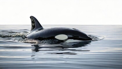 Fototapeta premium Orcas swimming gracefully in calm waters, white isolate background. 