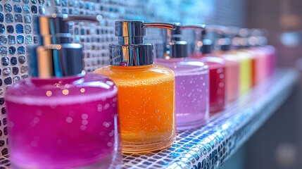 Colorful soap dispensers in a row on a mosaic tiled shelf.