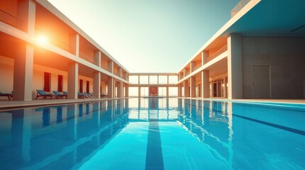 Fototapeta premium Sunlit modern hotel pool with building reflections.