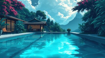 Obraz premium Tranquil poolside scene in lush tropical landscape.