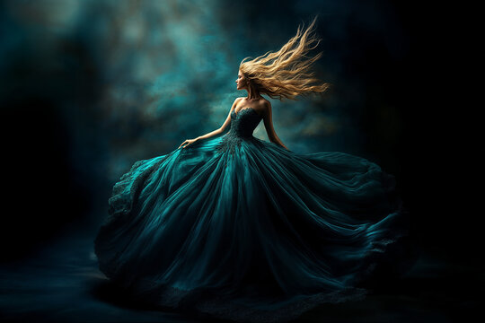 Flowing fabric and wild hair create a captivating moment in a dark ethereal setting