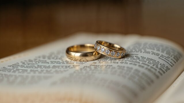 Two wedding rings on open bible page, symbolizing love and commitment
