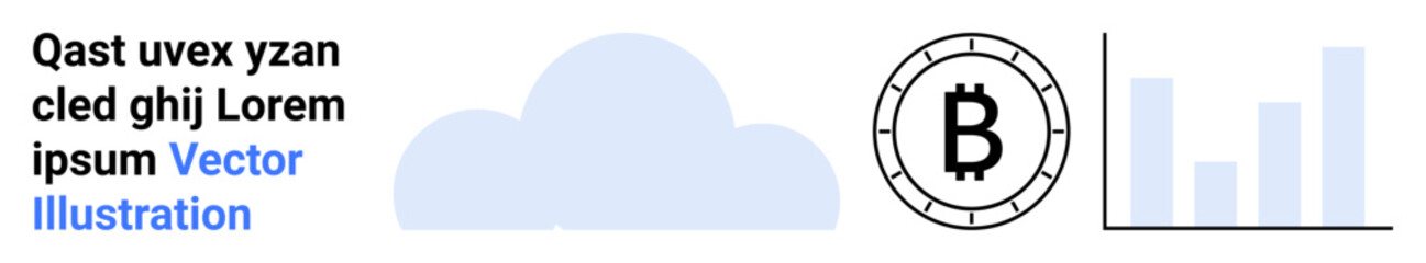 Text block, blue cloud, Bitcoin cryptocurrency coin, bar chart indicating data analytics. Ideal for cryptocurrency, technology, cloud services, data analytics, fintech, education, presentations