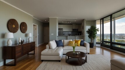Fototapeta premium Modern living room with city view, sectional sofa, and hardwood floors.