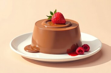 chocolate pudding topped with fresh strawberry on white plate, surrounded by raspberries. dessert illustration with creamy texture. culinary art, food blog, menu design.
