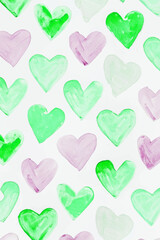 Colorful heart pattern, watercolor texture, green and purple hues, playful design, perfect for backgrounds, romantic themes.