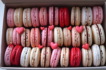 Assorted pink and red macarons with hearts