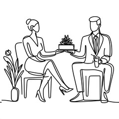 Line art of seated male and female exchanging gift with plant, single line vector outline drawing