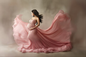 Expecting mother gracefully posing in flowing pink gown amidst soft, dreamy background