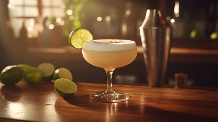 Creative cocktail creation at a lively bar during evening hours with garnished lime