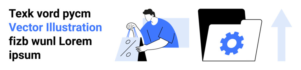 Business professional analyzing data represented in charts, alongside a document folder with a gear icon, and an upward arrow. Ideal for business growth, data management, productivity, organization