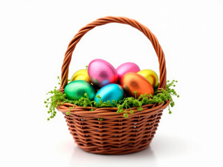 Naklejka premium Image of a filled wicker basket with colored eggs, possibly for Easter celebration, lined with greenery or plant material, and vibrant colors - Generative AI