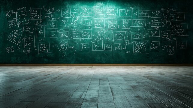 A Dynamic Chalkboard Depicting Complex Mathematical Formulas and Diagrams in an Engaging Educational Setting with Wooden Floor and Green Background