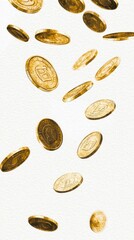 Watercolor Illustration of Scattered Golden Coins Falling Concept of Wealth Luck Prosperity and Financial Success. Chinese New Year. Vertical