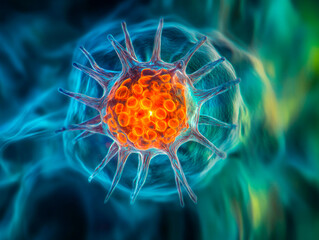 Close-up microscopic view of a single bacterial cell with round head and slender flagella, likely captured using specialized techniques like confocal or fluorescent microscopy The - Generative AI