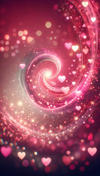 A vibrant pink heart glowing, surrounded by swirling lights, sparkles, and shimmering particles, creating a romantic atmosphere, perfect for Valentine's Day and love-themed celebrations, generative ai