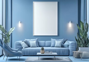 A blue living room with an empty white poster frame on the wall, creating a serene and stylish atmosphere for advertising mockups. 