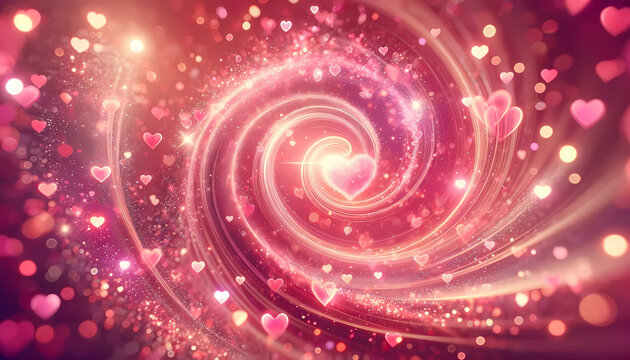 A vibrant pink heart glowing, surrounded by swirling lights, sparkles, and shimmering particles, creating a romantic atmosphere, perfect for Valentine's Day and love-themed celebrations, generative ai