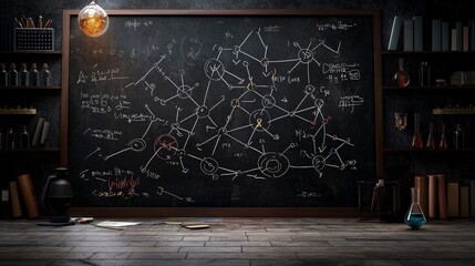 Detailed Chemical Reaction Pathways and Equations Illustrated on a Blackboard in an Authentic Laboratory Setting with Laboratory Equipment and Atmospheric Lighting