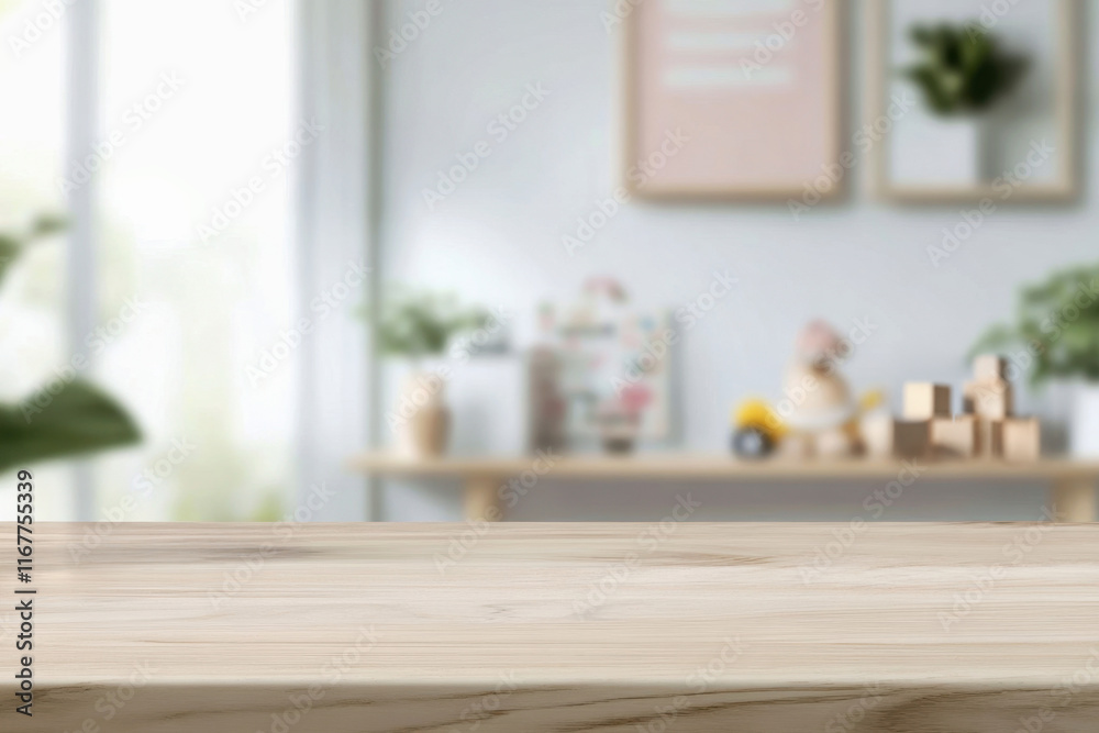 Wall mural Empty wooden tabletop with blurry baby room interior background. Wooden table for product presentation mockup