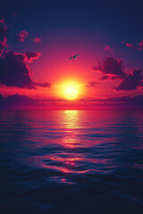 Photo réaliste professionnelle d’un coucher de soleil serein sur un océan calme avec un ciel vibrant et un goéland solitaire à l’horizon