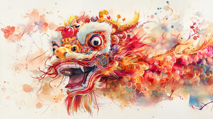 Vibrant Chinese New Year Dragon Art in Watercolor Celebrating Tradition and Festivity