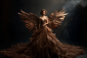 Elegant figure with golden wings in flowing gown poses dramatically in a dimly lit space