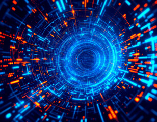 Fototapeta premium Futuristic scene, bright colors, vibrant atmosphere, large blue circle with intricate patterns, smaller lights orange, yellow, white, scattered throughout, network-like appearanc - Generative AI