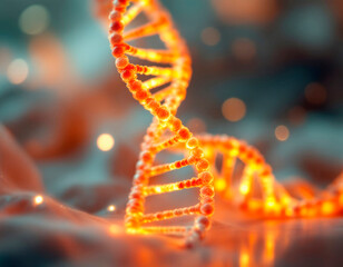 Close-up image of illuminated DNA double helix structure, with orange-glowing nucleotide spheres - Generative AI