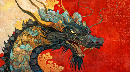 Obraz premium Majestic Chinese Dragon in Vibrant Watercolor Art Celebrating Zodiac Symbols and Cultural Heritage in Red and Gold Hues. Chinese New Year