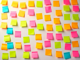 A disorganized collection of colorful sticky notes on a light surface, possibly from a brainstorming session - Generative AI