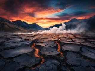 Obraz premium Stunning Volcanic Landscape with Layered Cracked Soil and Smoky Atmosphere at Dusk, Highlighting Nature's Raw Power and Geological Processes