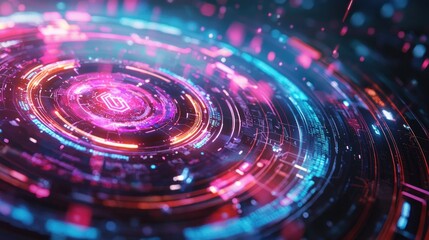 Obraz premium Abstract Futuristic Digital Interface: Neon Circles and Glowing Technology