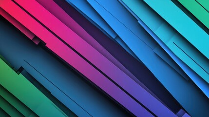 Obraz premium A dynamic composition of bold diagonal lines and overlapping geometric shards, each angled sharply. The shards feature gradients transitioning between cobalt blue, neon green, and magenta, 