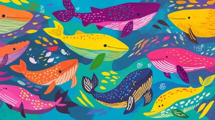 Fototapeta premium Colorful Cartoon Whales in a Vivid Ocean Background