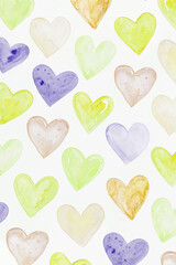 Colorful watercolor hearts, soft pastel shades, playful design, perfect for backgrounds, romantic themes, and crafts.
