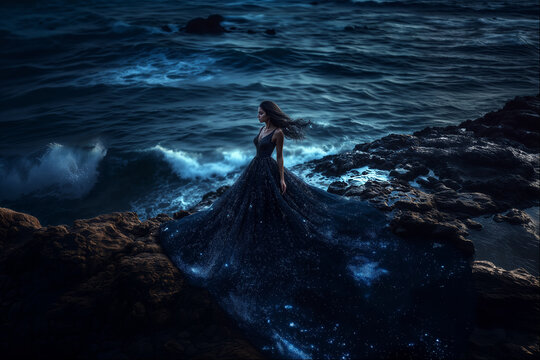 Woman in flowing dress gazes at ocean waves during twilight by rocky shore
